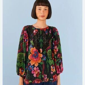 Farm Rio Blooming Floral Black Peasant Balloon sleeve blouse M